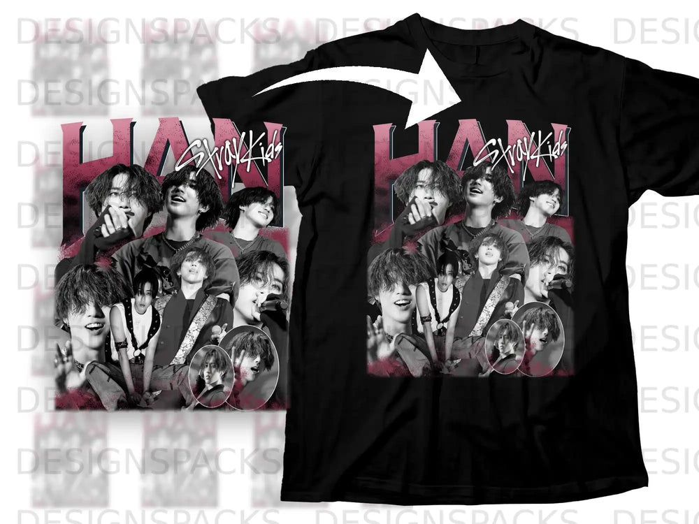 Black t-shirt with Stray Kids collage graphic and text.