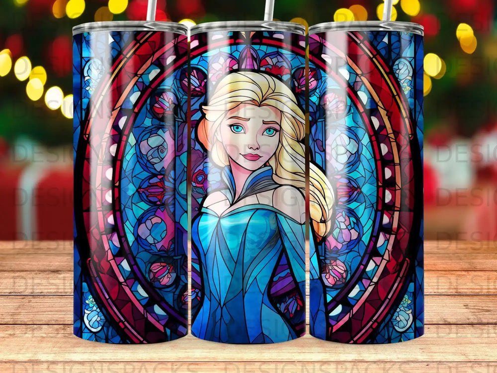 Frozen's Elsa in a blue dress against a stained glass background.