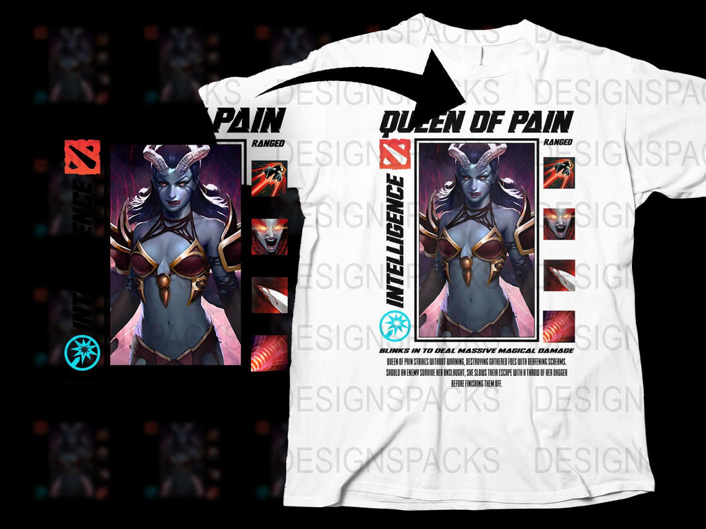 Queen of Pain Graphic T-Shirt, Fantasy Character Print, Gamer Apparel, Unique Geek Clothing, Cool Gift Idea for Gamers