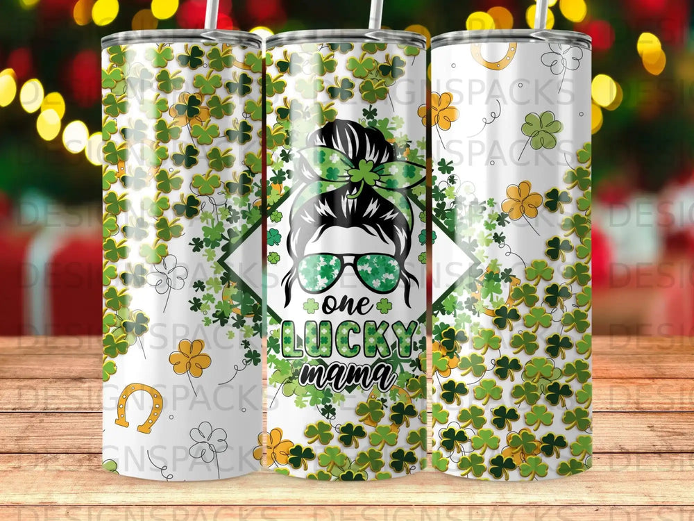 Green clover pattern tumbler with "Lucky Mama" text and a messy bun graphic.