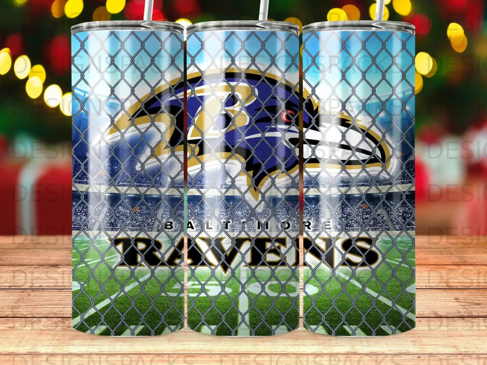 Baltimore Ravens logo on a tumbler with a stadium background.