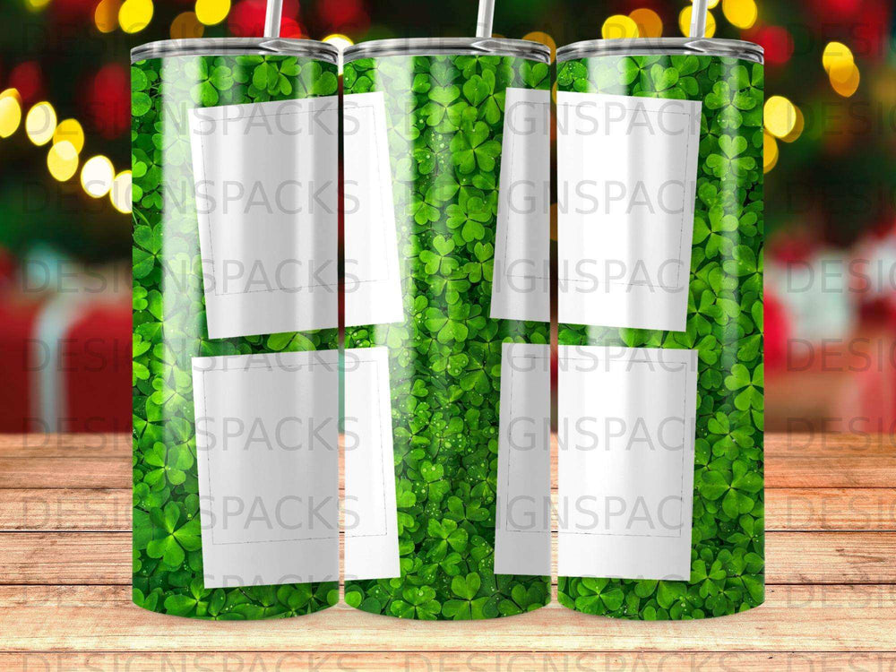 Tumbler with a shamrock pattern and "NSPACKS" repeated text.