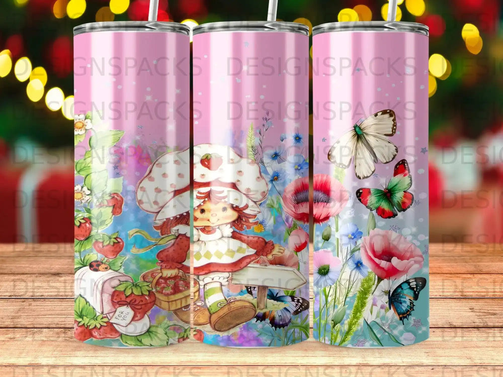 Strawberry Shortcake with butterflies and flowers, surrounded by pink text.