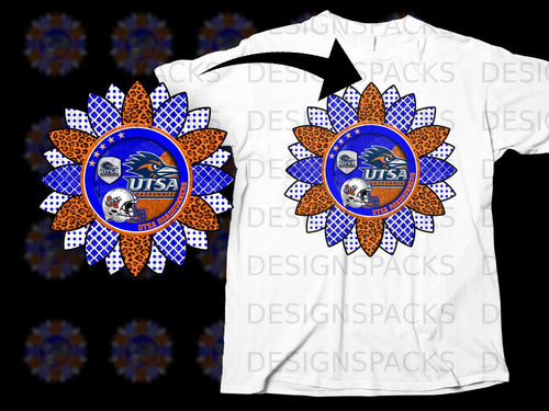 Sunflower graphic with UTSA Roadrunners logo and football helmet on white t-shirt.