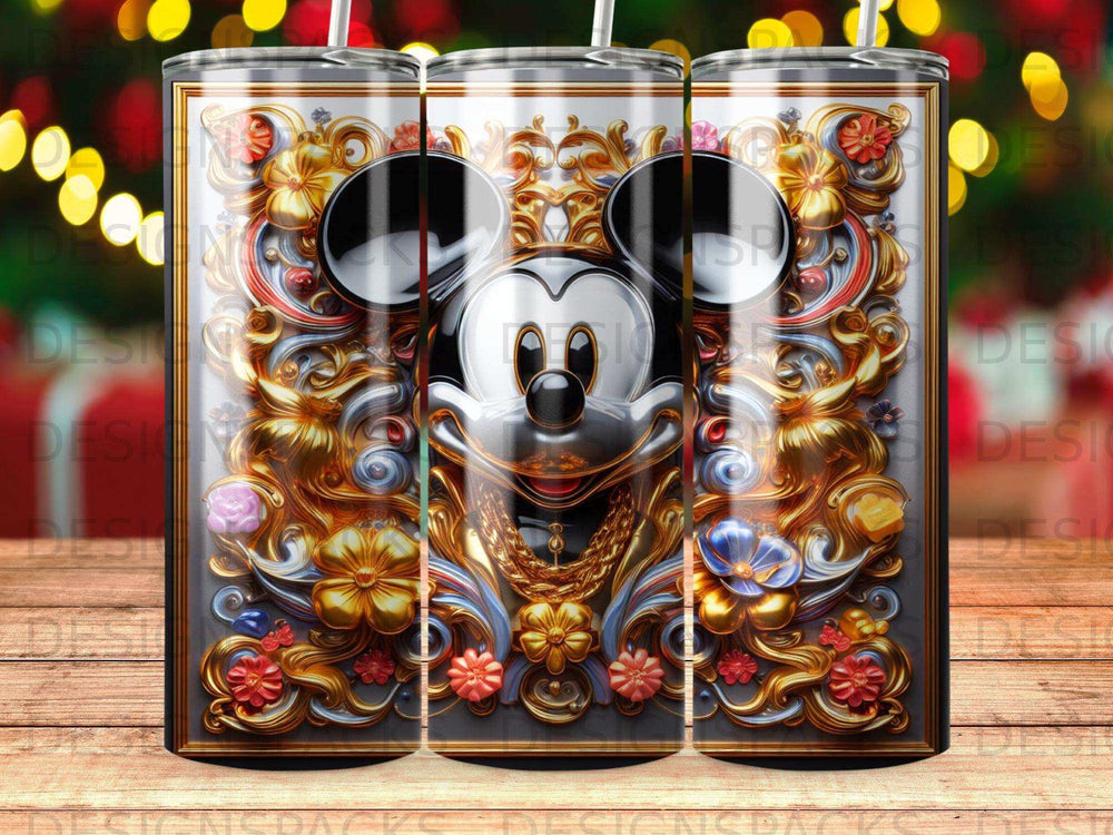 Mickey Mouse face with ornate gold floral details on a tumbler.