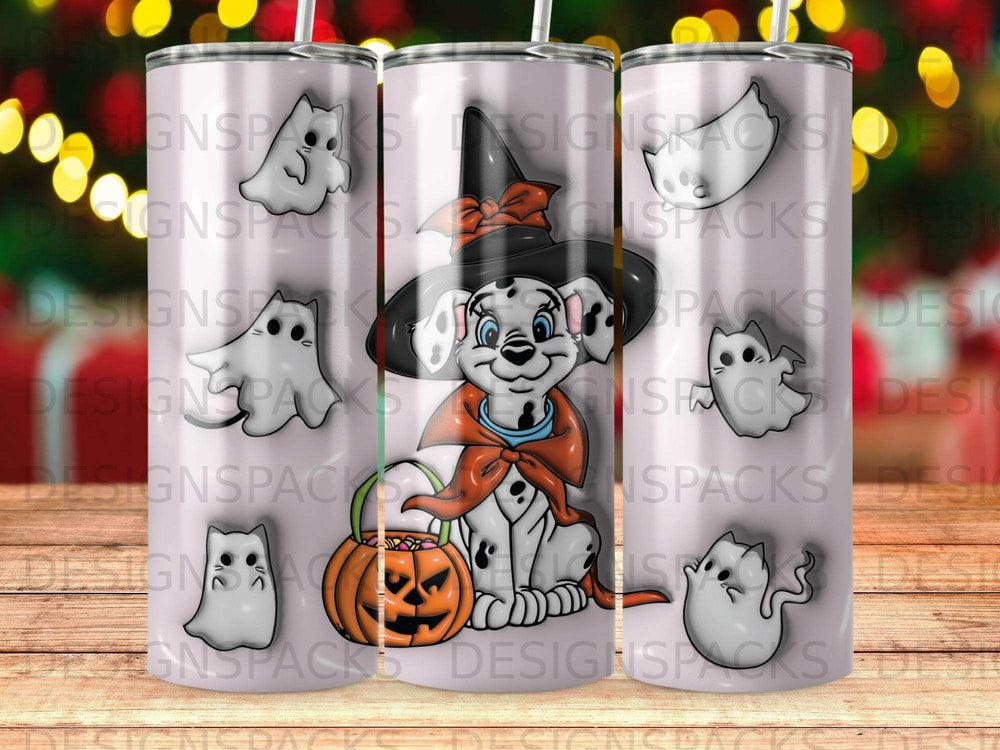 Dalmatian in witch hat with pumpkin and ghosts on patterned tumbler.