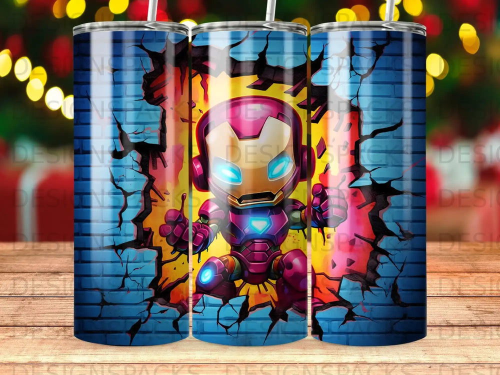 Robot superhero bursting through a brick wall.