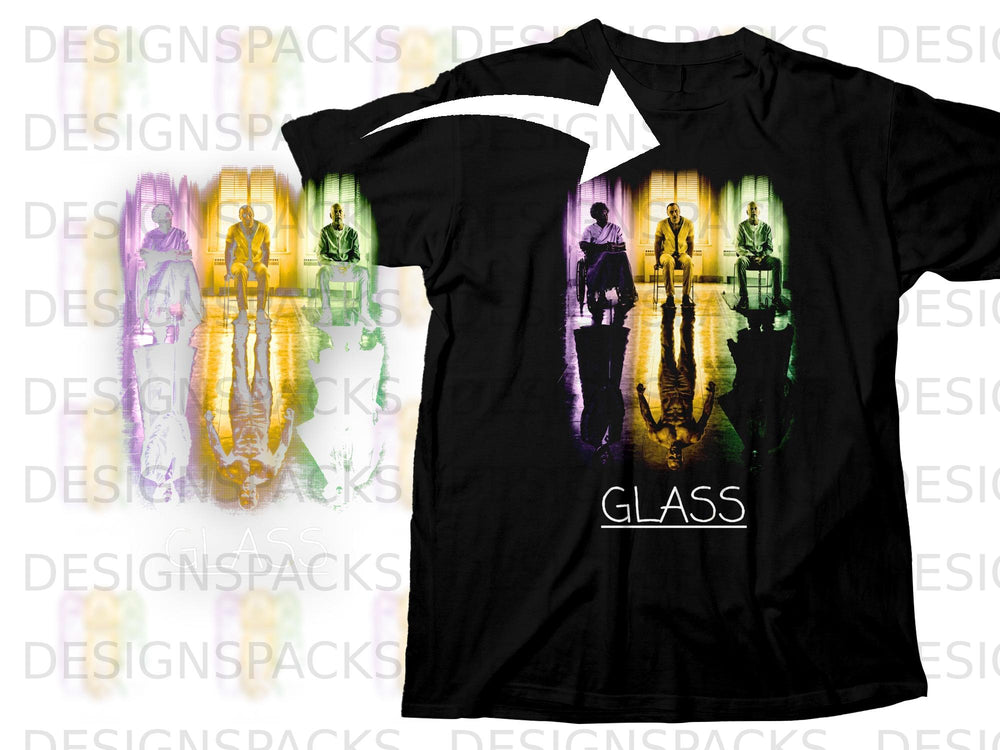 Black t-shirt with "Glass" movie poster art featuring three figures reflected.