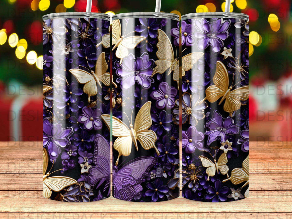 Tumbler with purple floral and gold butterfly design.