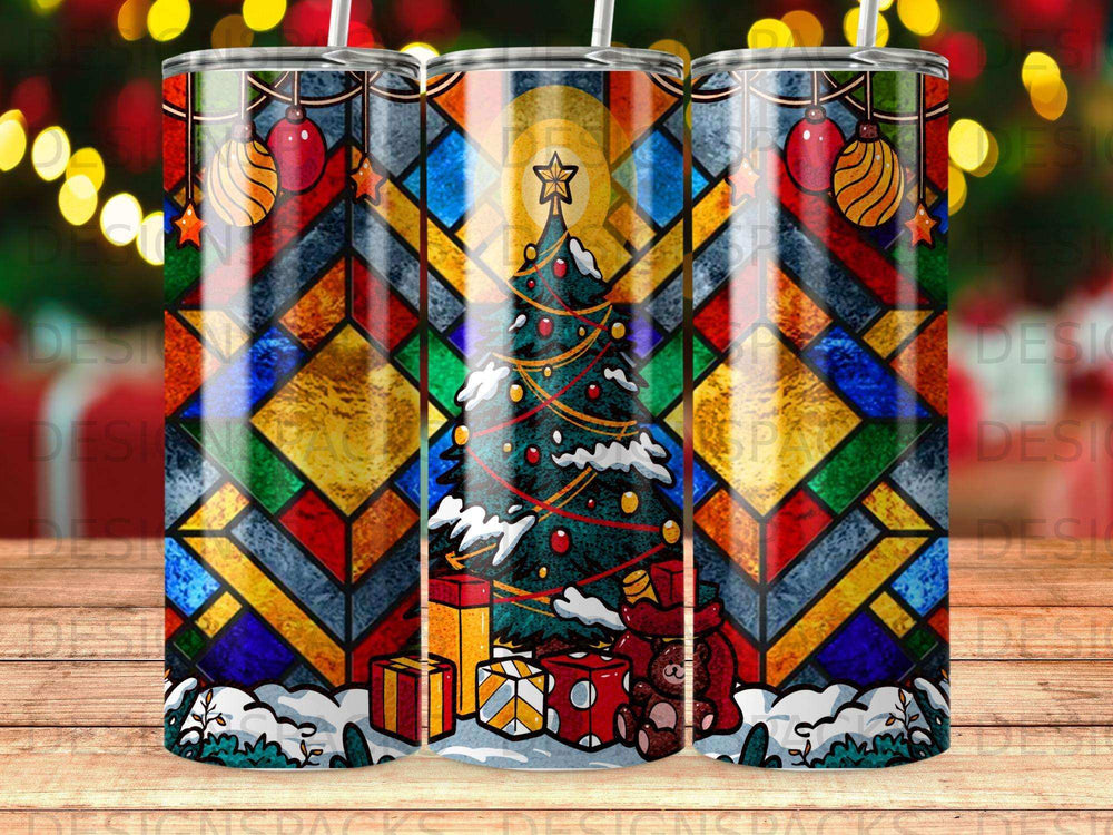 Christmas tree with presents and ornaments on a stained glass background.