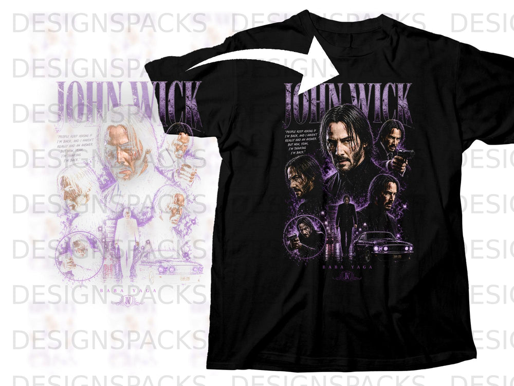 John Wick graphic t-shirt with character images and text in purple.