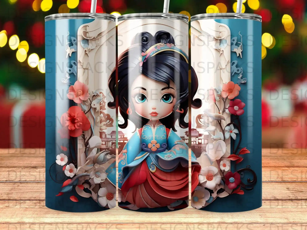 Young woman in blue and red kimono with intricate hairstyle and floral background.