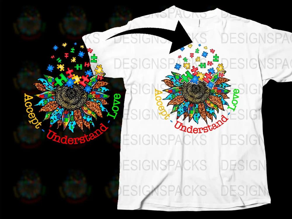 Autism Awareness T-Shirt Colorful Puzzle Pieces Sunflower Graphic Unisex Tee Love Accept Understand Design Gift