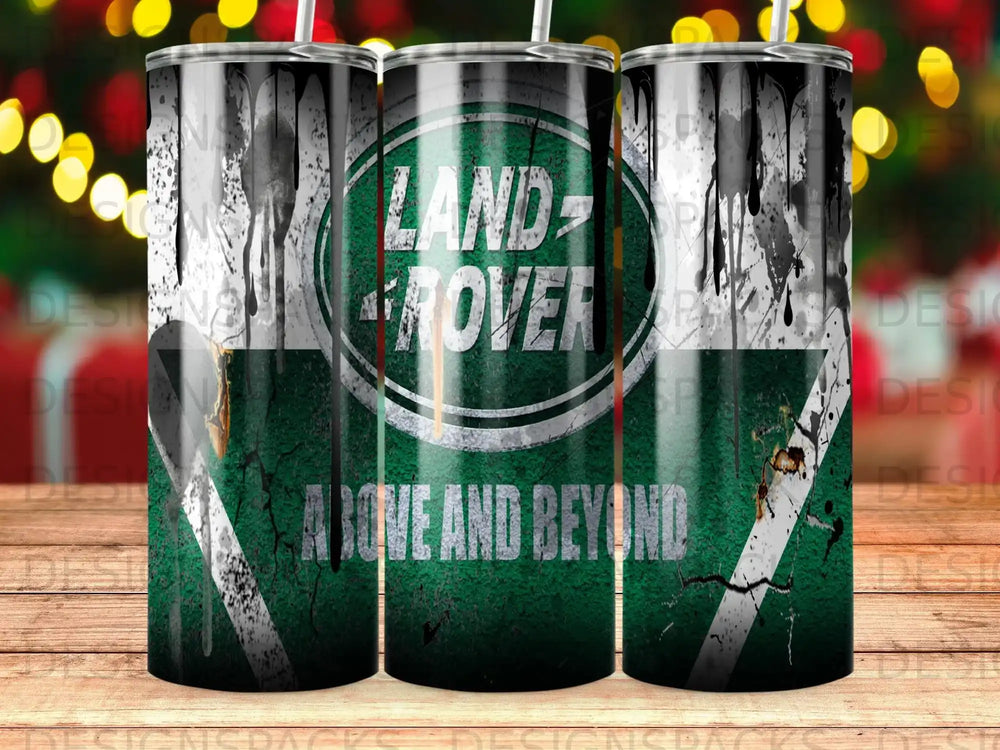 Land Rover logo with "Above and Beyond" slogan on a green speckled tumbler.