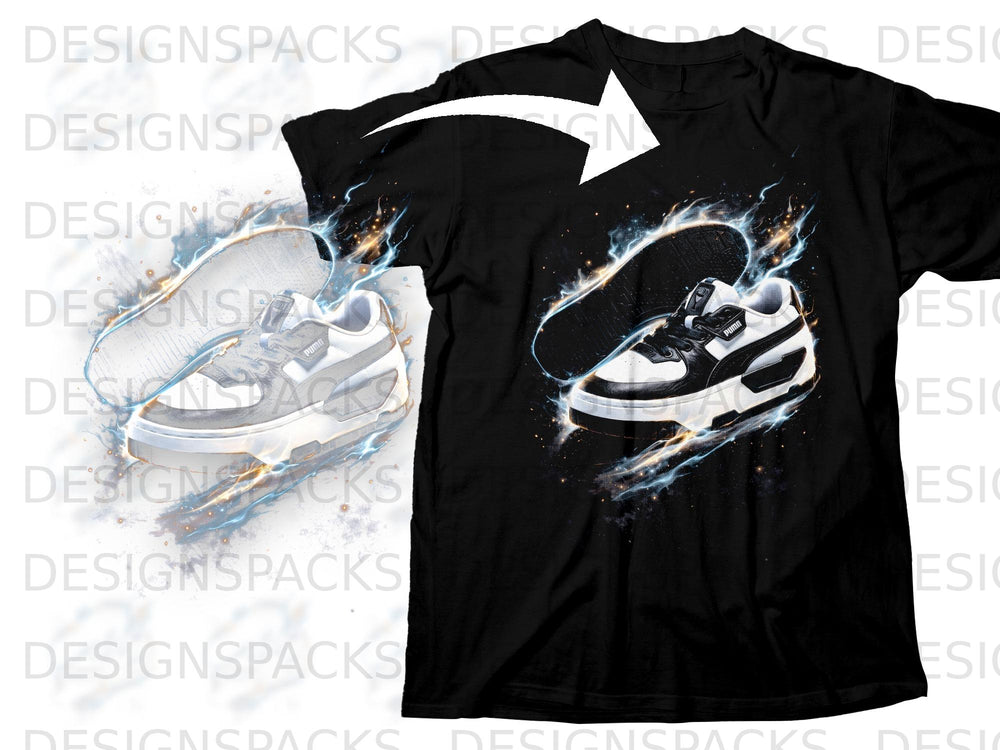 Black t-shirt with a graphic design featuring a Puma shoe surrounded by blue and yellow energy effects.
