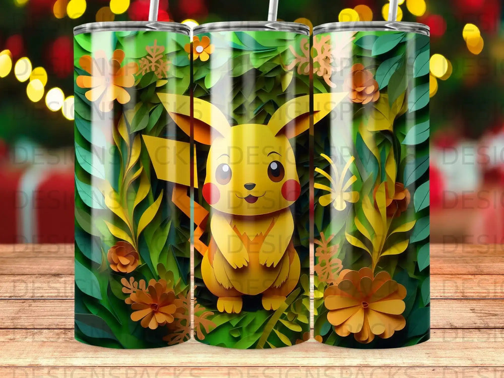 Pikachu character surrounded by green leaves and orange flowers on a cylindrical tumbler.
