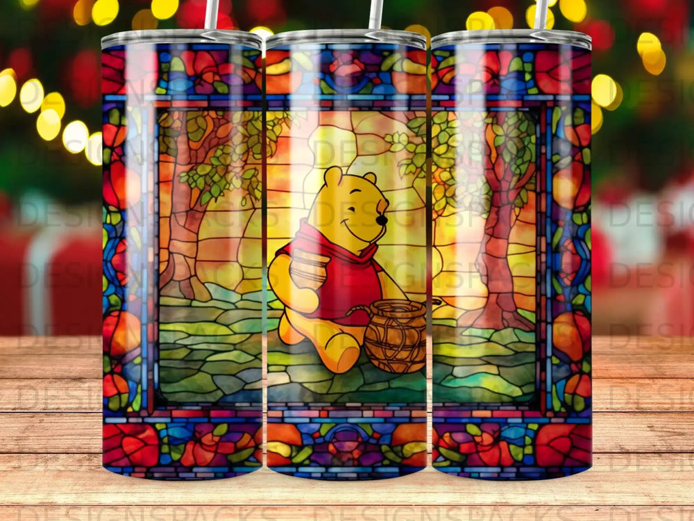 Winnie the Pooh character in stained glass window design on tumbler.