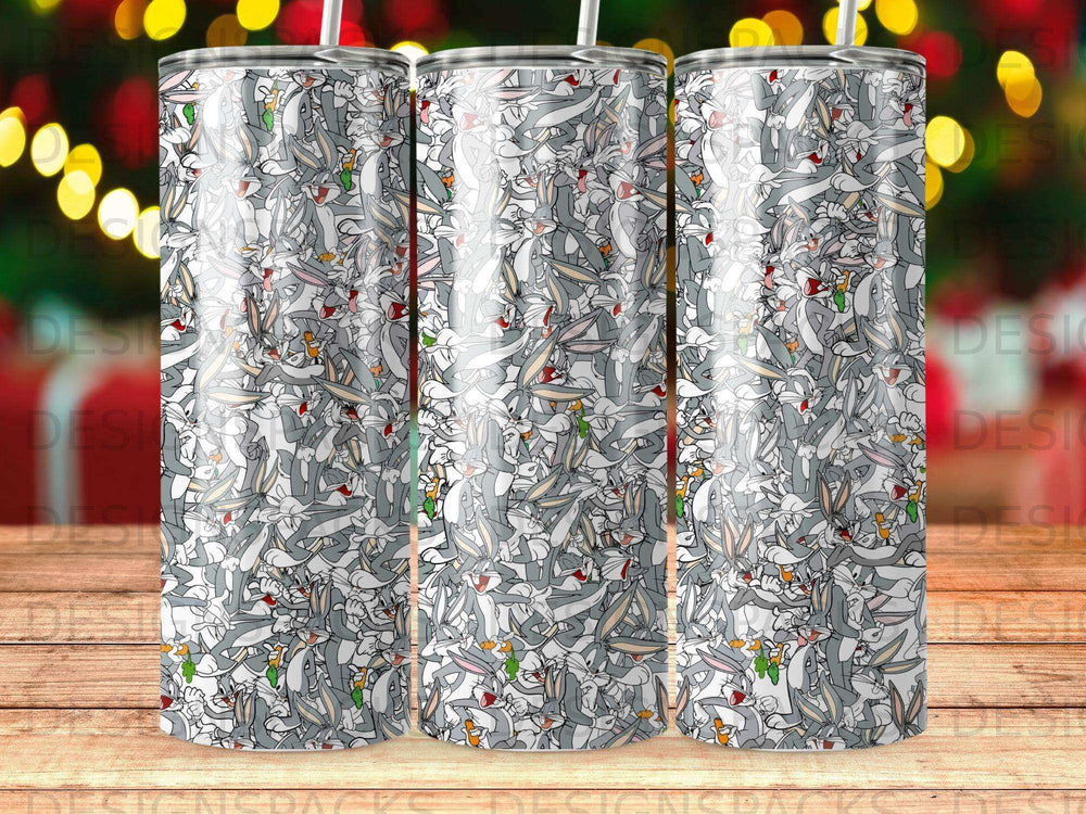 Three tumblers with a repeating pattern of Bugs Bunny cartoon characters.