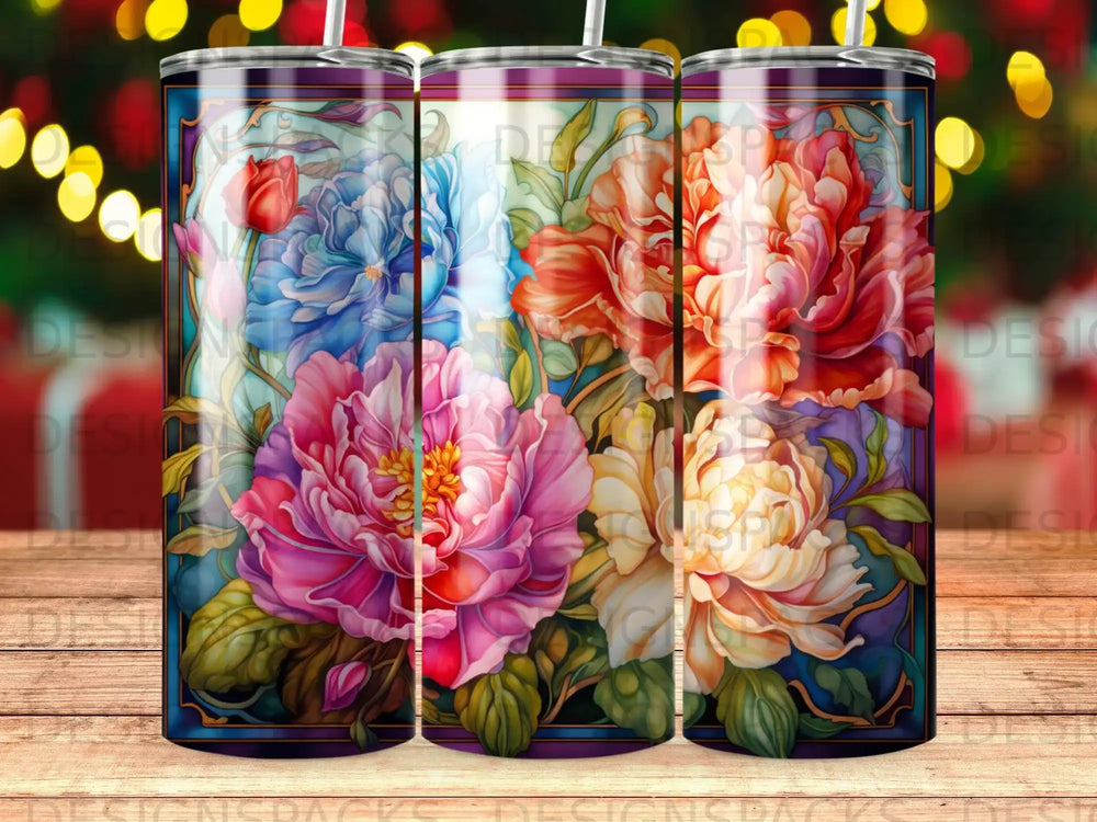 Floral tumbler with vibrant pink, blue, and orange peonies.