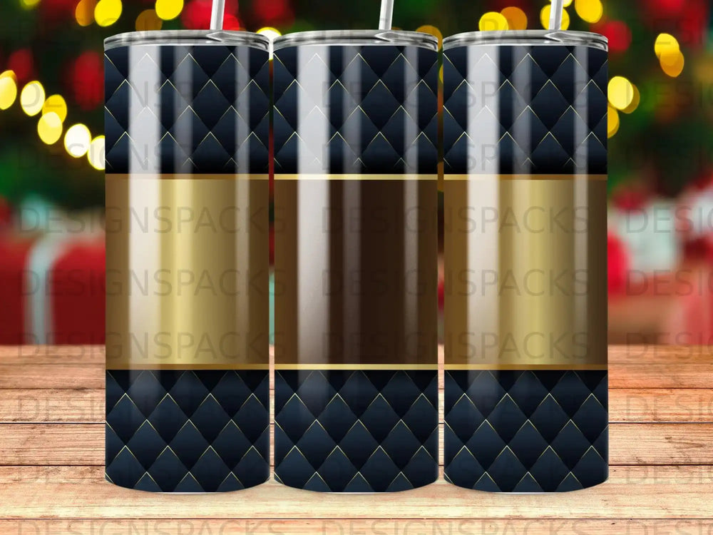 Three tumblers with a navy blue diamond pattern and gold stripe.