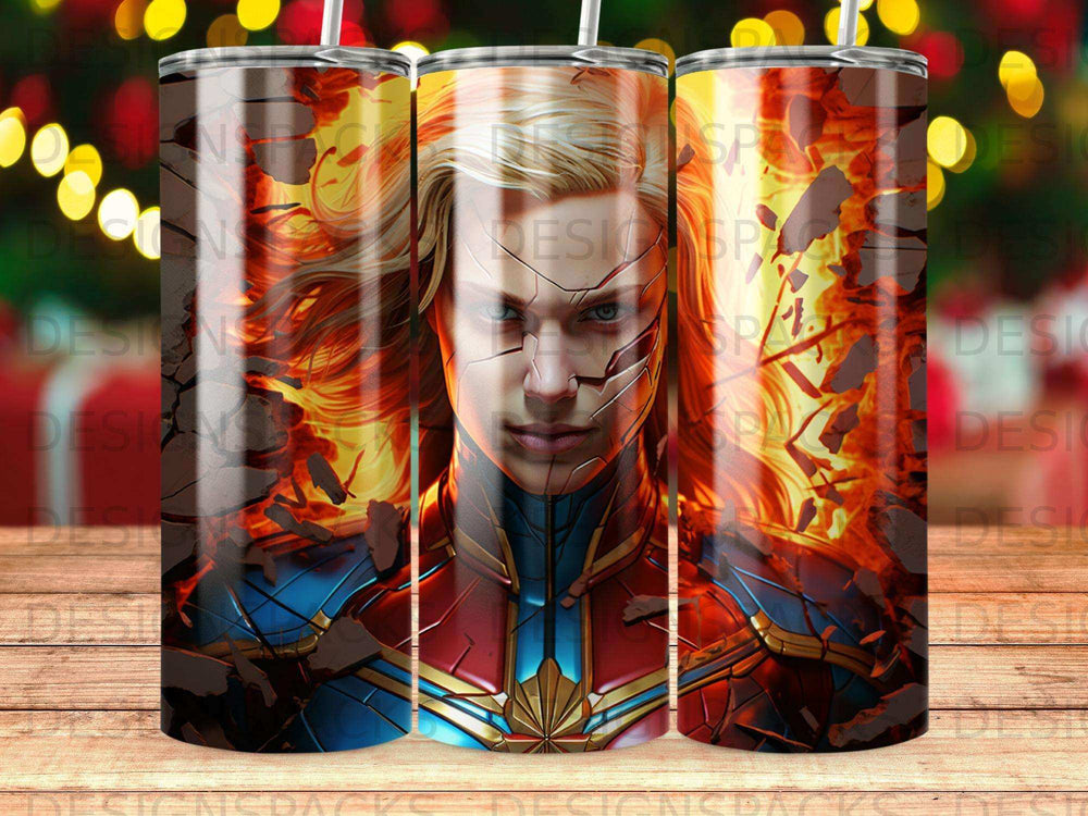 Captain Marvel character with cracked face against a fiery background.