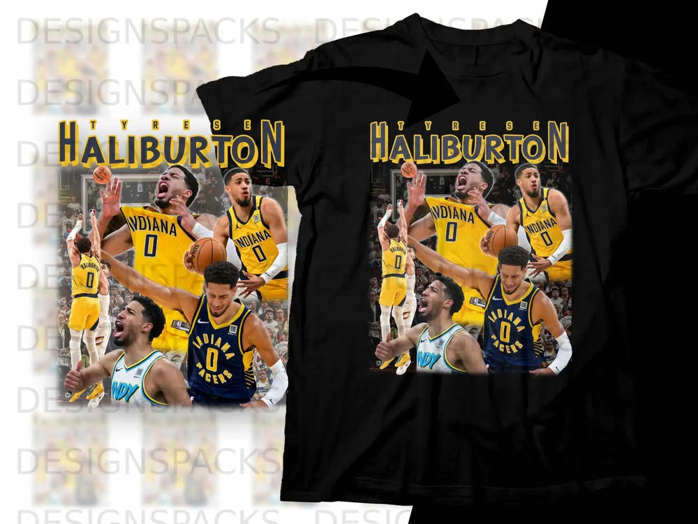 Tyrese Haliburton Indiana Pacers basketball jersey collage on black t-shirt.