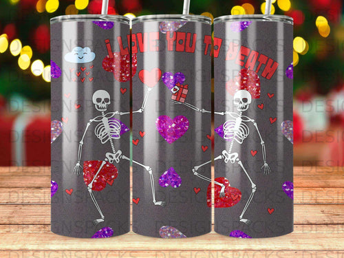 I Love You print with dancing skeletons holding hearts and a gift.