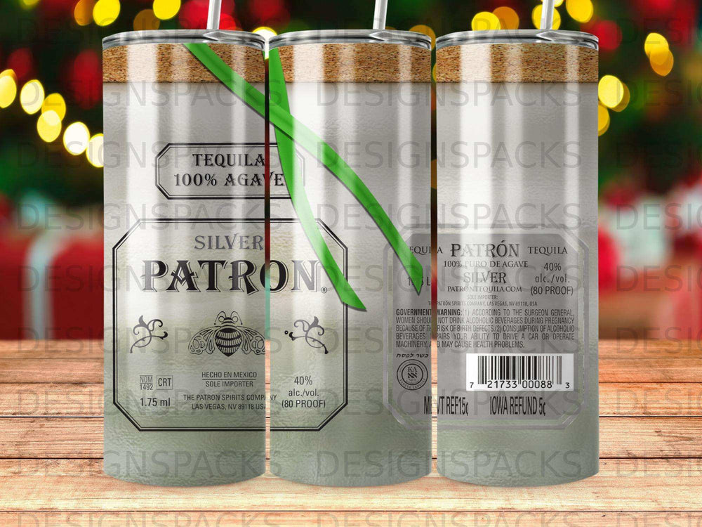 Patrón Silver tequila bottle with label details and government warning.