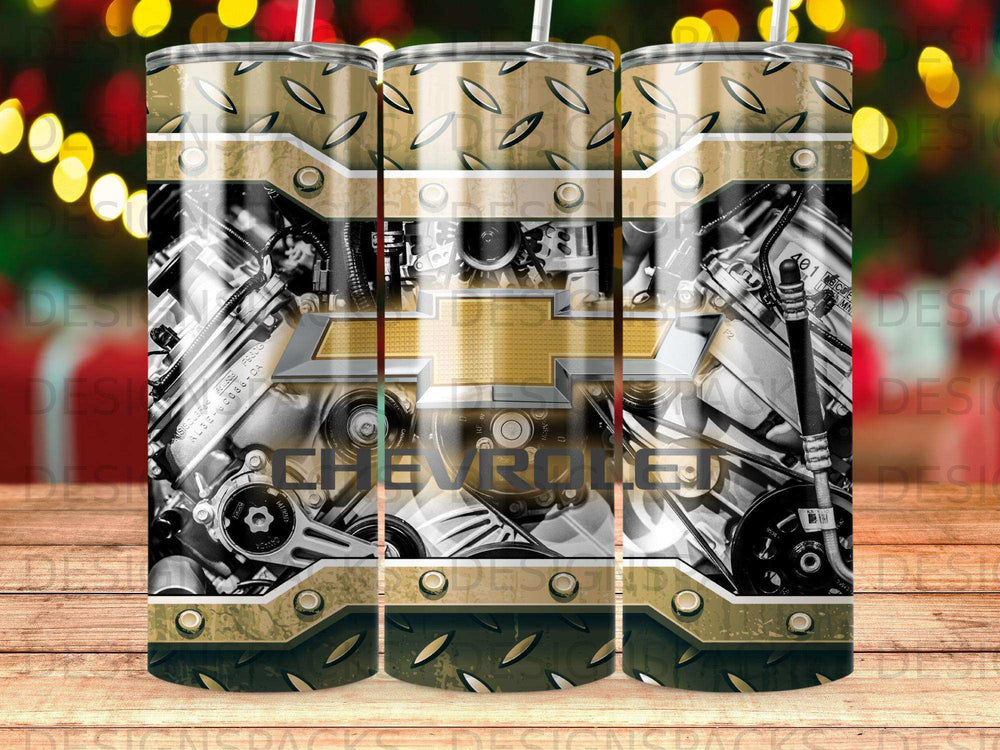 Chevrolet engine with diamond plate accents and metallic gold details.