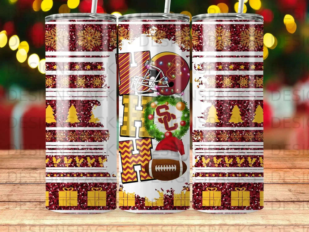 Holiday tumbler with "Ho Ho Ho" text, Santa hat, and football.