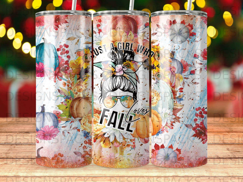 Tumbler with "Just a girl who loves fall" and pumpkin graphics.