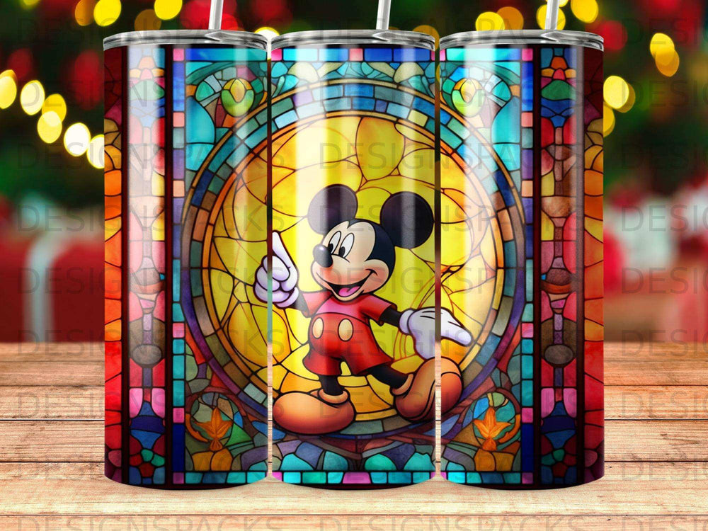 Mickey Mouse in a stained glass window, featuring bold colors and circular design.