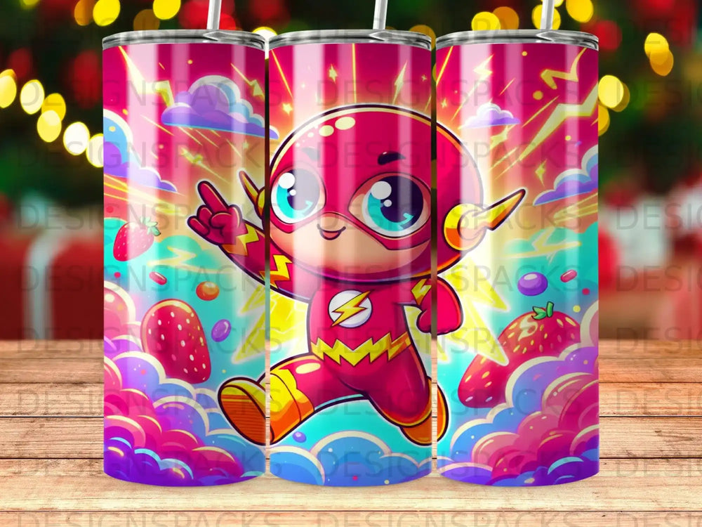 The Flash character, red costume, running through colorful strawberries and lightning bolts.