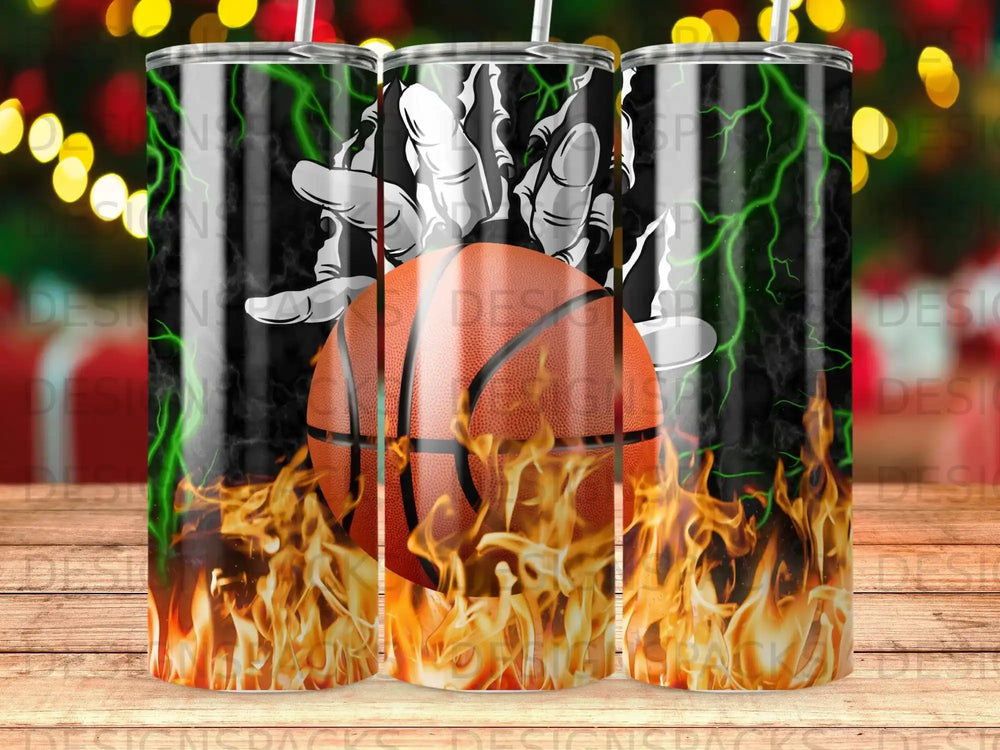 Basketball with flaming skeleton hands against a green lightning background.