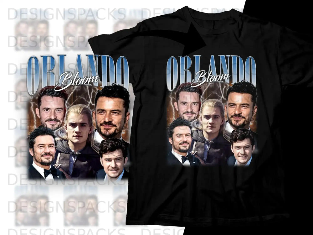 Orlando Bloom collage t-shirt with four close-up portraits.