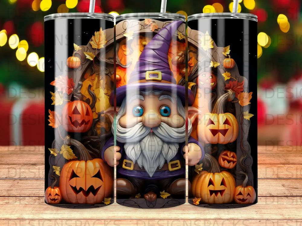 Halloween gnome with pumpkins, autumn leaves, and swirling lights on a tumbler.