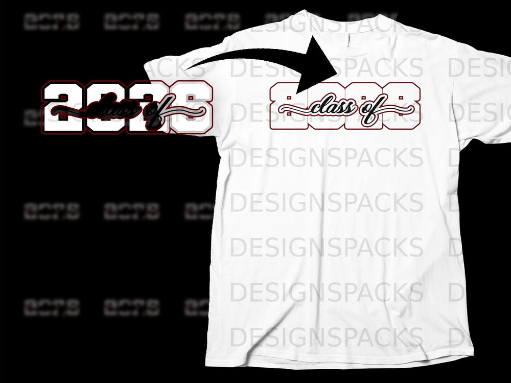 White t-shirt mockup with "2023 Class of" graphic featuring red outlines and silver fill.