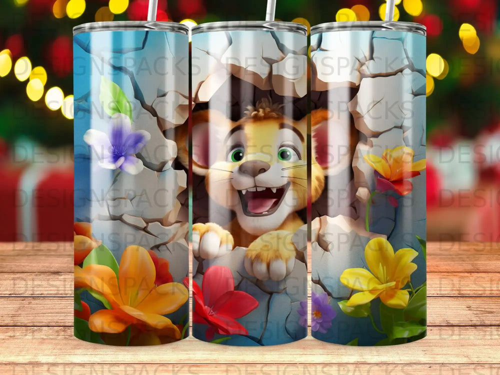 Cartoon lion peeking through cracks in a blue background with colorful flowers.