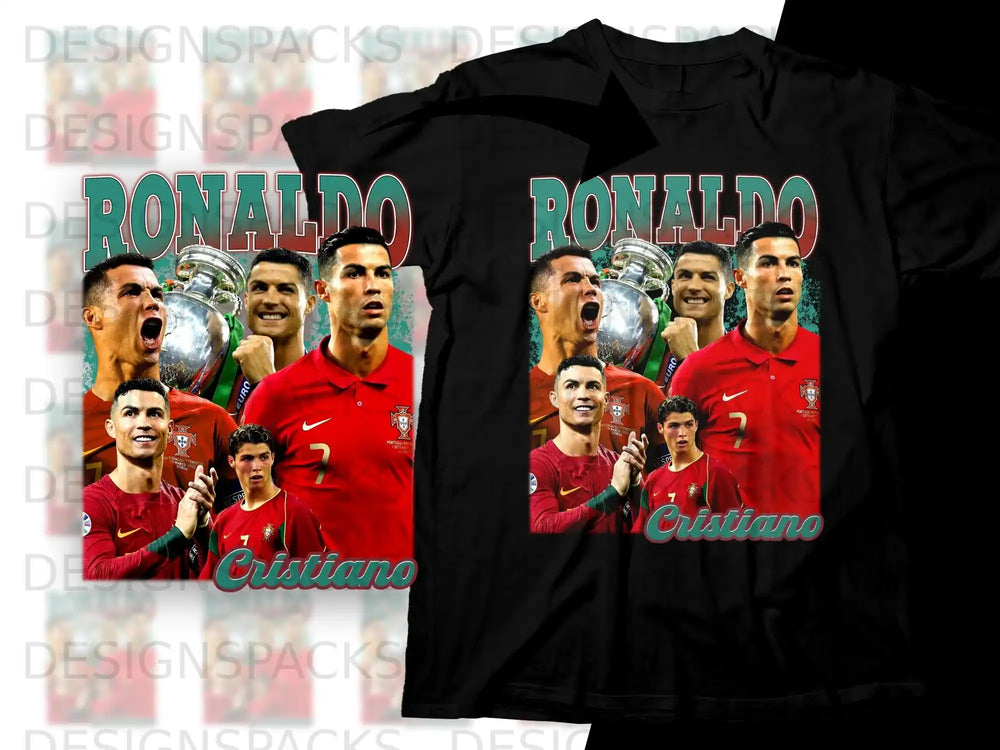 Cristiano Ronaldo in Portugal jersey holding trophies, "Cristiano" text.