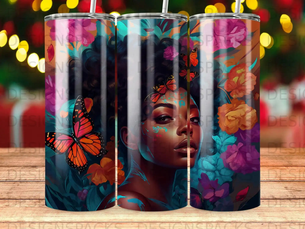 Woman with butterflies and flowers on a patterned tumbler.