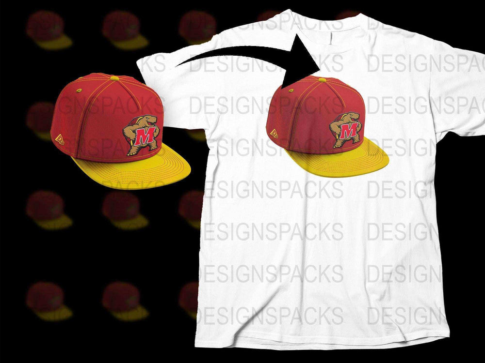 University Logo Red and Yellow Baseball Cap and White T-Shirt Set with Team Emblem