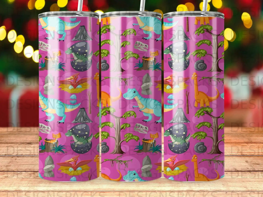 Pink tumbler with dinosaur illustrations and a repeating pattern.