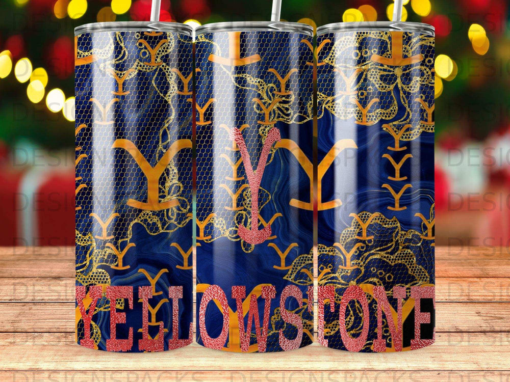 Yellowstone logo on navy blue tumbler with gold lace overlay.