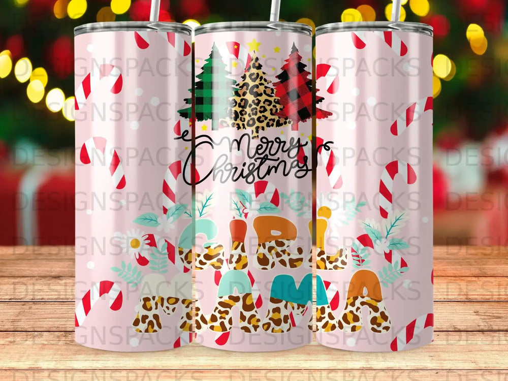 Christmas tumbler with candy canes, plaid trees, and "Merry Christmas" text.