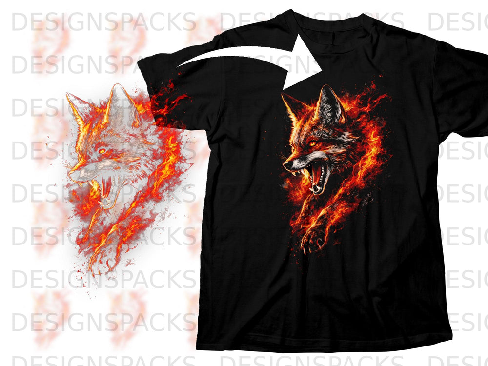 Black t-shirt with a roaring wolf head engulfed in flames design.