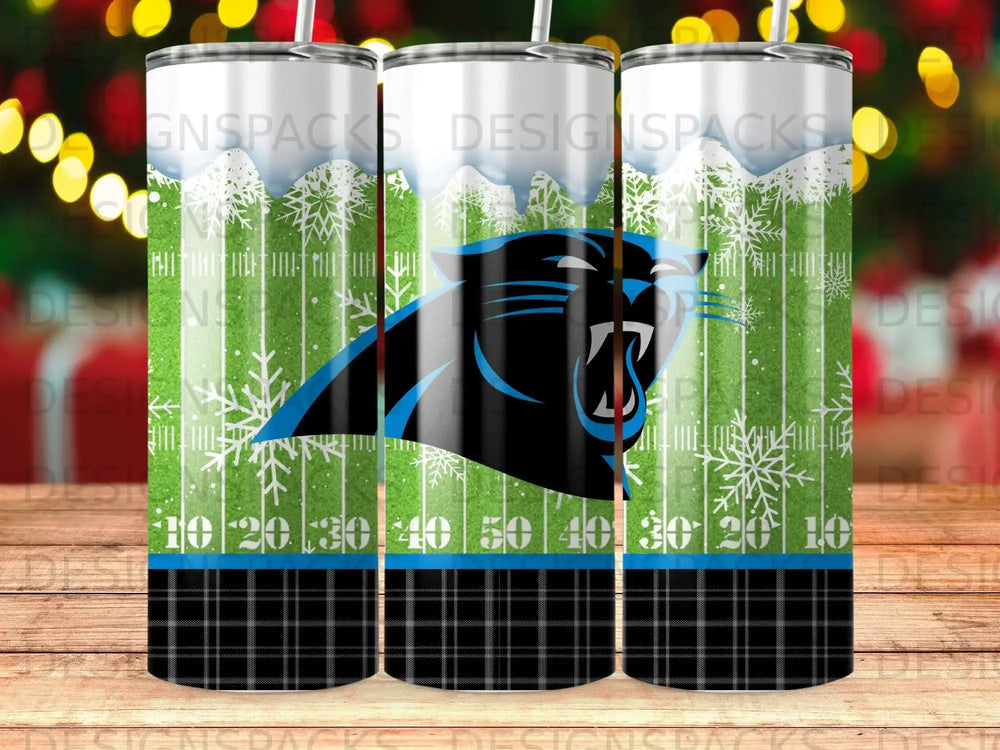 Carolina Panthers logo on a football field with snowflakes and plaid border.