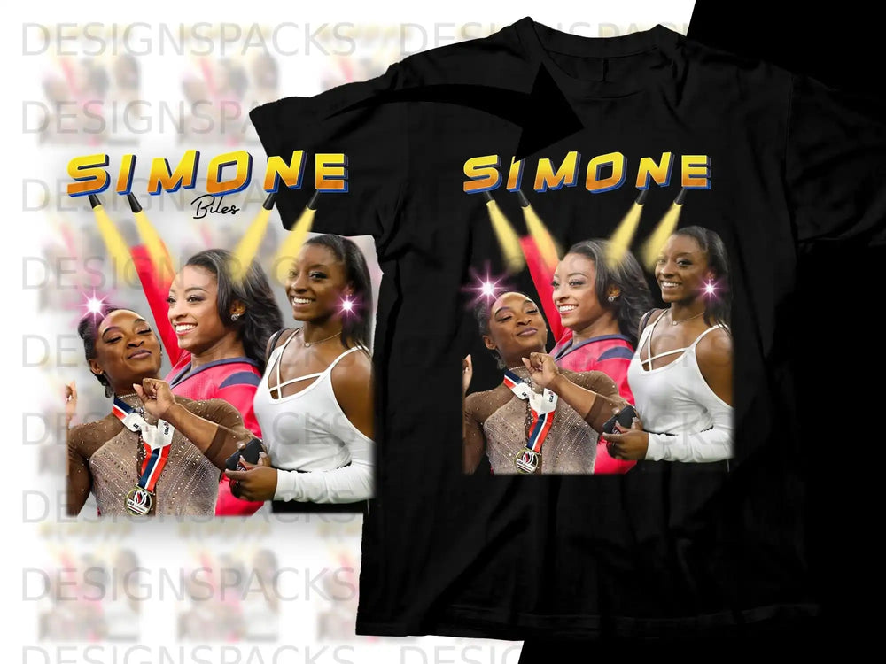 Simone Biles in a celebratory pose on a black t-shirt design.