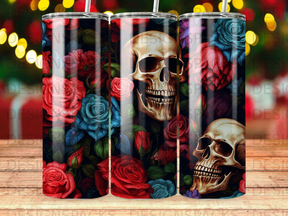Gothic floral pattern with skulls and roses on a tumbler.