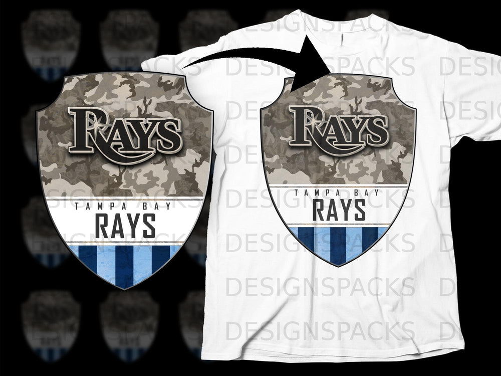 Tampa Bay Rays logo with camouflage pattern on white t-shirt.