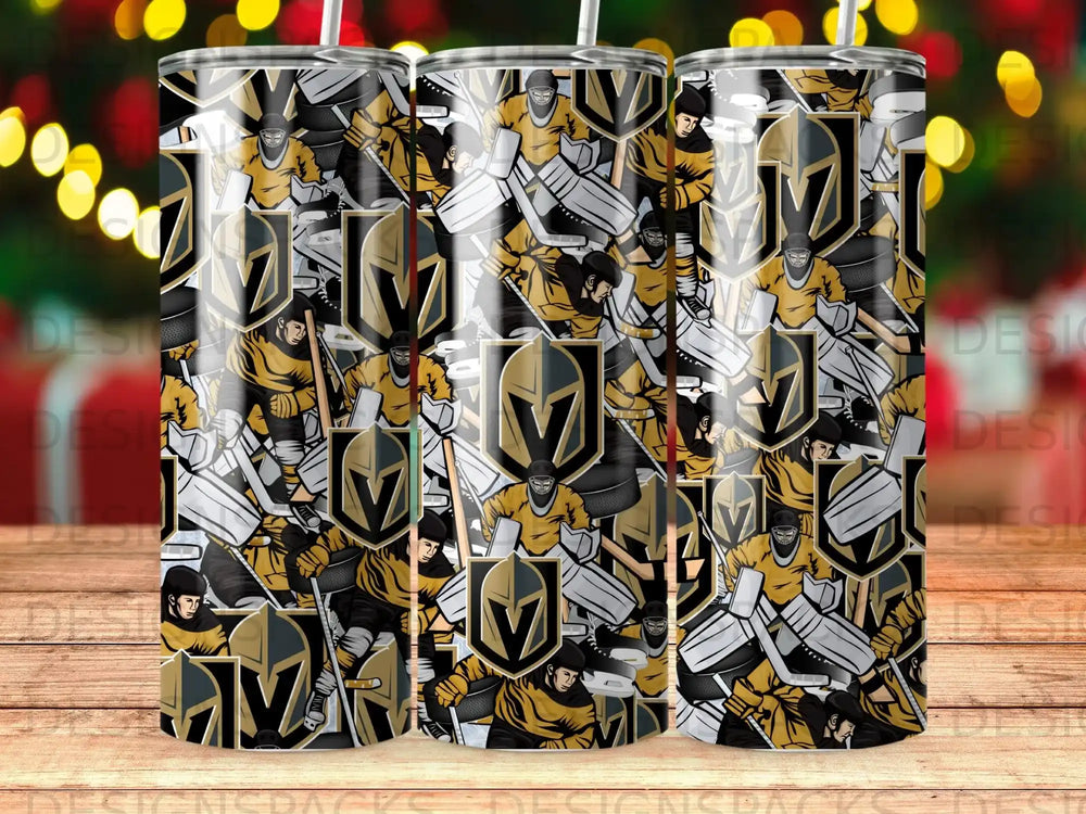 Golden Knights goalie pattern on a tumbler with blurred festive lights background.
